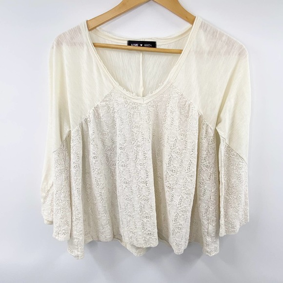 Love Kuza Cream Long Sleeve Crochet Cotton-Blend Blouse Size M